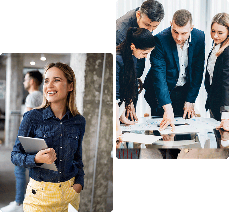 Portrait of smiling women holding tablet in her hand, in the second image group of team member discussing about business strategy