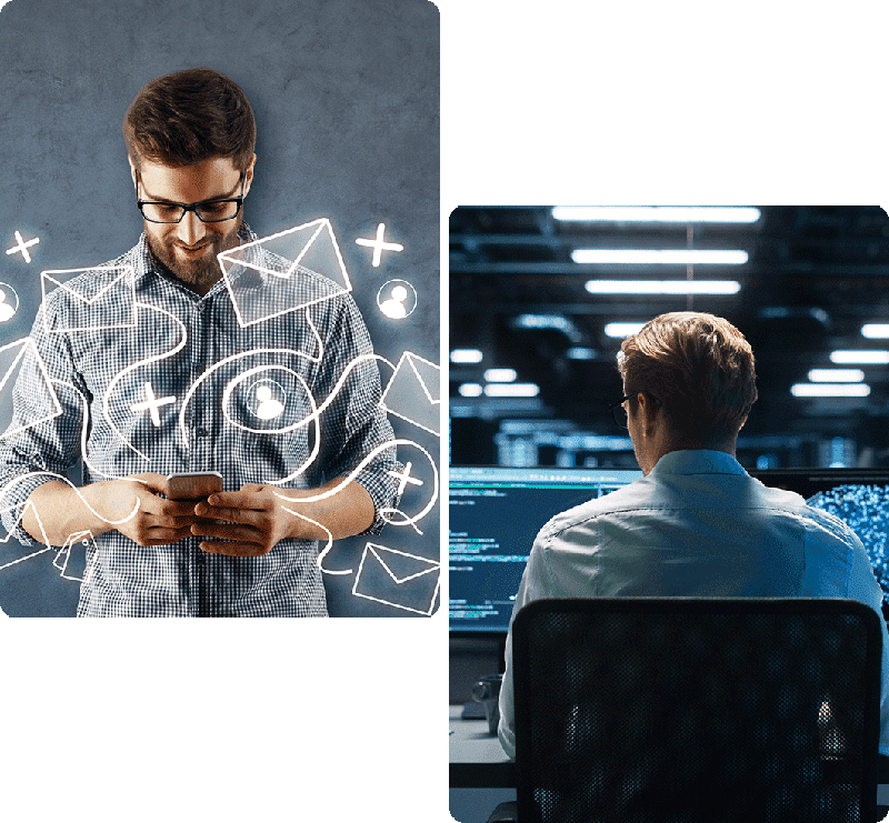 Man sends email from his smartphone, in the other image a software developer working on a project